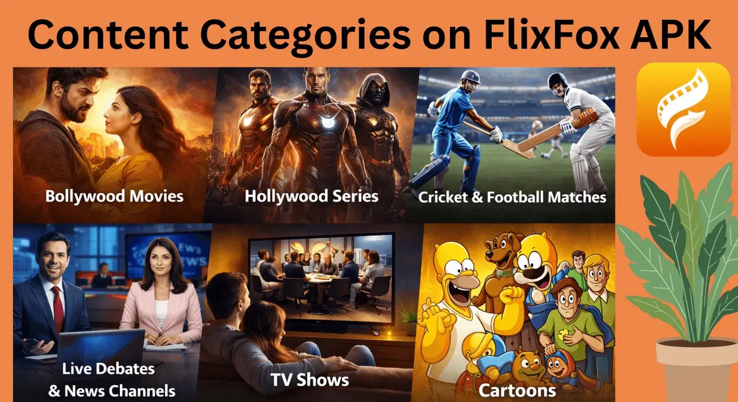 Content categories on FlixFox APK: Bollywood movies, Hollywood series, cricket and football matches, live debates and news channels, TV shows and cartoons